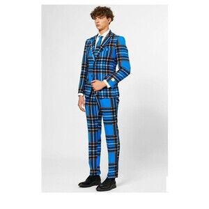 OppoSuits Braveheart Two Piece Suit-Blue/Orange/White Plaid-Sz 40 (34x33)